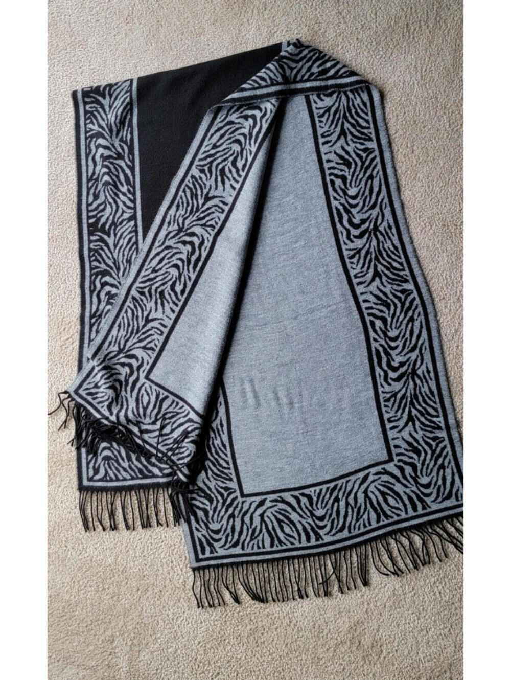 Scarf/Wrap Black And Gray with Zebra Print Border Fringe Trim Very Soft 74 X 23